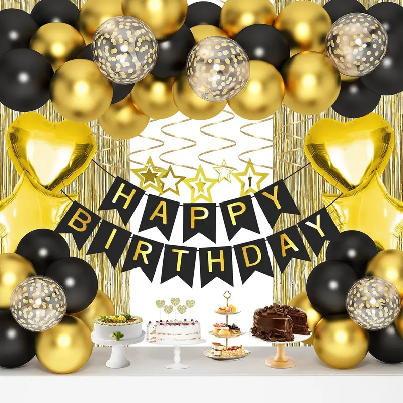 Perfect Black Gold Party Decorations Kit - Polka Dot Balloon Sets, Birthday Banner, Fringe Curtains, Hanging Swirls, Cake Toppers, Lights, Female-Targeted Gifts for Daughter’s Birthday & Baby Shower (All Seasons)