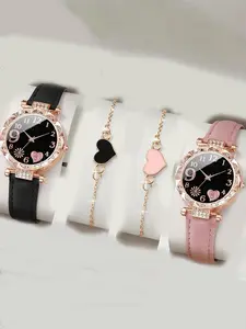 4-piece Women's Exquisite Dial Belt Quartz Watch Bracelet Set Hearts