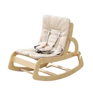 3-in-1 Baby Bouncer Adjustable Wooden Rocker Chair, Ergonomic Design Baby Lounger with Removable Cushion,Seat Belt and Booster, Recliner for Infants to Toddler