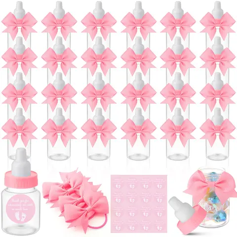 24/48 Pcs Baby Shower Prize Mini Baby Bottles Chug Plastic Milk Bottles Candy Baby Bottles with Thank You Showering Stickers and Bows Thank You Gifts for Guests,Birthday Party Baby Shower Favors Gift