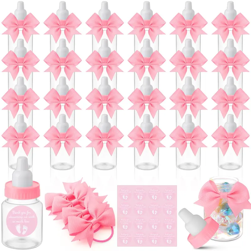 24/48 Pcs Baby Shower Prize Mini Baby Bottles Chug Plastic Milk Bottles Candy Baby Bottles with Thank You Showering Stickers and Bows Thank You Gifts for Guests,Birthday Party Baby Shower Favors Gift