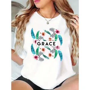 Women's GRACE Personalized Tropical Hibiscus & Palm Leaves White T - Shirt Summer Beach Vacation Casual 100% Cotton T-shirt