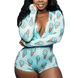 Women’s Printed Button Front Sleep Onesie Pajamas, Casual Comfy Long Sleeve V Neck Sleep Fruit Theme Romper for All Occasions, Ladies Sleepwear and Nightwear for Indoor Wear Womenswear Loungewear