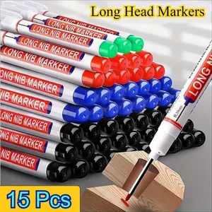 15pcs Long Nib Markers - Long Nib Design, Oil-Based Carpenter'S Pens for Deep Holes, Ideal for Ceramic, Wood, Plastic, Metal - Perfect for Bathroom Installation & Decor Fixing, Construction Tools | Long Nib Markers | Oil Based Ink | Permanent Markers