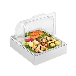 Countertop Food Serving Display Container, 1 x 1/2 Pan Stainless Steel Food Serving Tray, Buffet Condiment Dispenser Display Rack with Clear Lid & Ice Tray, for Restaurant Hotel Kitchen Party