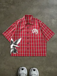 Summer Angel Print Plaid Casual Short Sleeve Button Shirt, Unisex Street Style Design, Loose-Fitting Graphic Blouse Top for Daily Wear