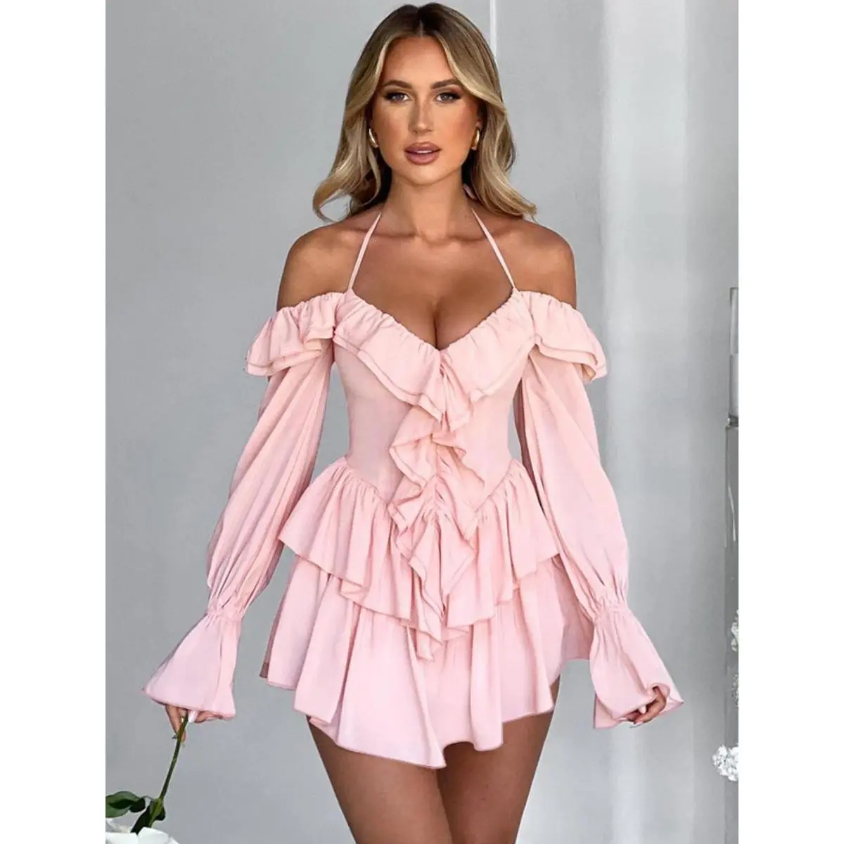 Women's Elegant Jumpsuit, Sexy Off-Shoulder Halter Romper with Fitted Long Flounce Sleeves, Flattering for Spring & Fall Holiday, Overalls, Long Sleeve, Lady, Cute, Festival Glam Jumpsuits & Rompers