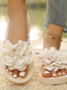 New Fairy Style Wedge Sandals for Women, Summer Fashion Straw Flower Thick Sole Shoes, Beach Sandals, Comfortable Flip Flops