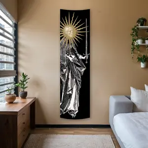 Skull Sword Sun Vertical Banner Tapestry Wall Hanging Long Narrow Black And White Aesthetic Art Polyester Stitched Edges Wall Decor For Bedroom Living Room Ideal Gifts For Home Decor Enthusiasts, Vintage Room Decor