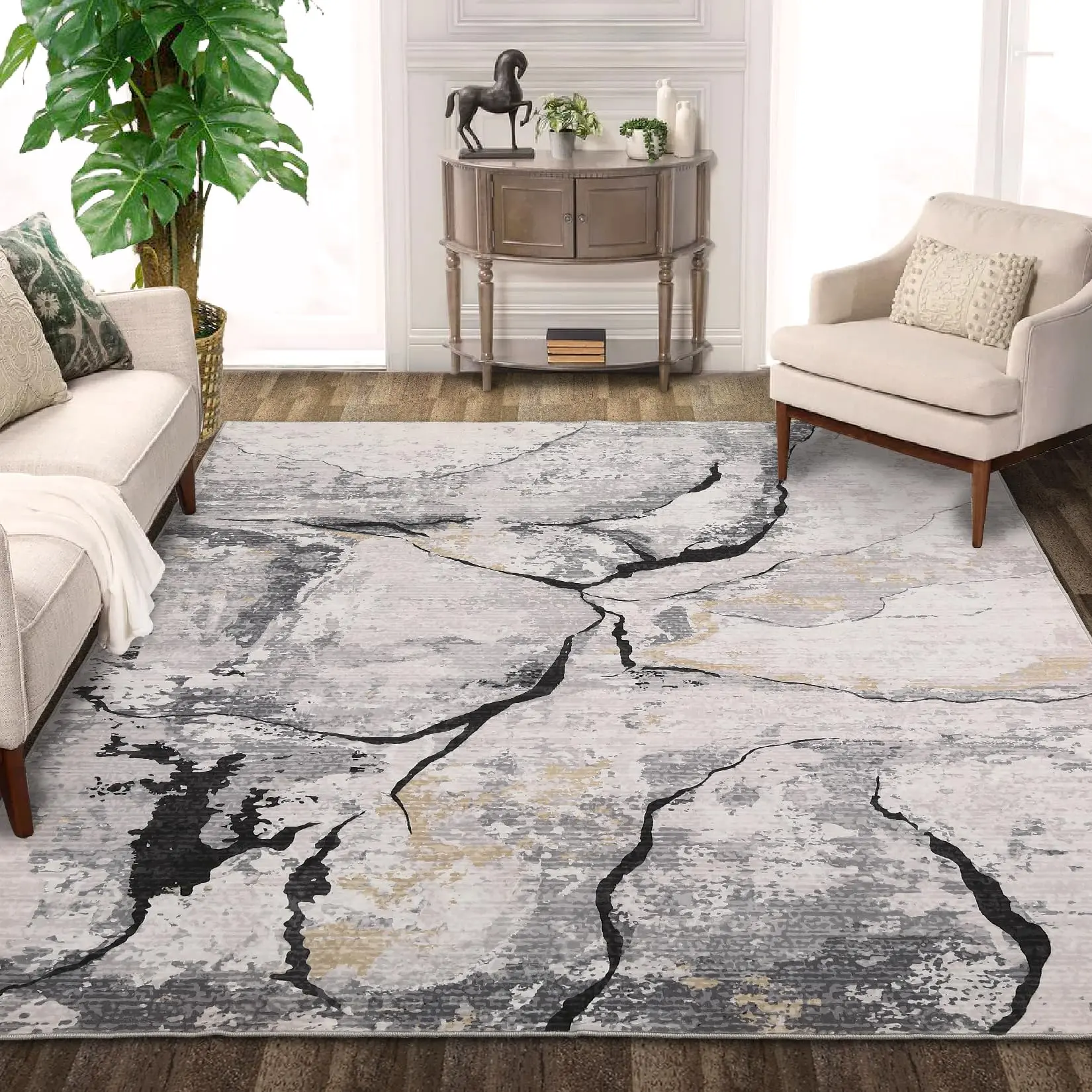 【GARVEE】9x12 Modern Area Rug for Living Room Bedroom Soft Washable Rug Large Abstract Floor Carpet with Non Slip Backing Ultra Thin Large Dining Room Rug Mat Non Shedding Home Decor Rugs, Grey