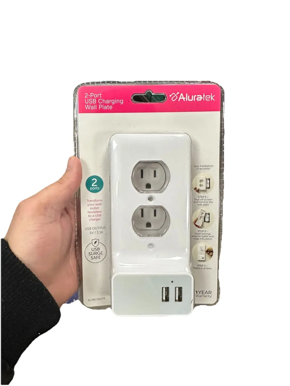 Aluratek 2-Port Wall Outlet USB Charging Faceplate, Dual Plug Sockets for Home Electrical Socket Accessory Needs, Dual-Port Sockets, Usb-A Sockets