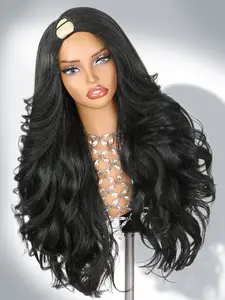 Yaki Curly V Part Wig 26 Inch Synthetic Half Wig Glueless U Part Wig with Filp Curls Curly Half Wigs Synthetic Wavy Curly For Black Women Daily Party Use(Natural Black)