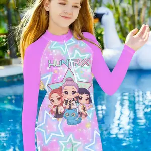 Girl's Kpop Demon Hunters Long Sleeve One-Piece Swimsuit, and Star UV Protection Surfing for Summer Beach Fun Swimwear