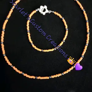Scarlet's Custom Creations Seed Bead Necklace and Bracelet Set with Peach and Hematite Beads and flower toggle clasp