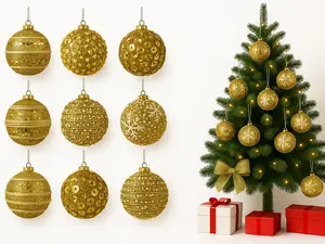 Luxury Christmas Ball Ornaments - 9pc 8cm(3.15in) Gold Glitter  Set,  Elegant Sparkle Tree Decorations for Holiday Party & Gift Box Display, Festive Light Reflection