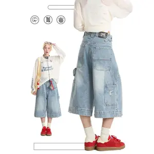 Y2KStreetVintageWashedCatWhiskeredStyleWideLegBermudaJeansKneeLengthDenimJortsCasualShortsCroppedTrousers