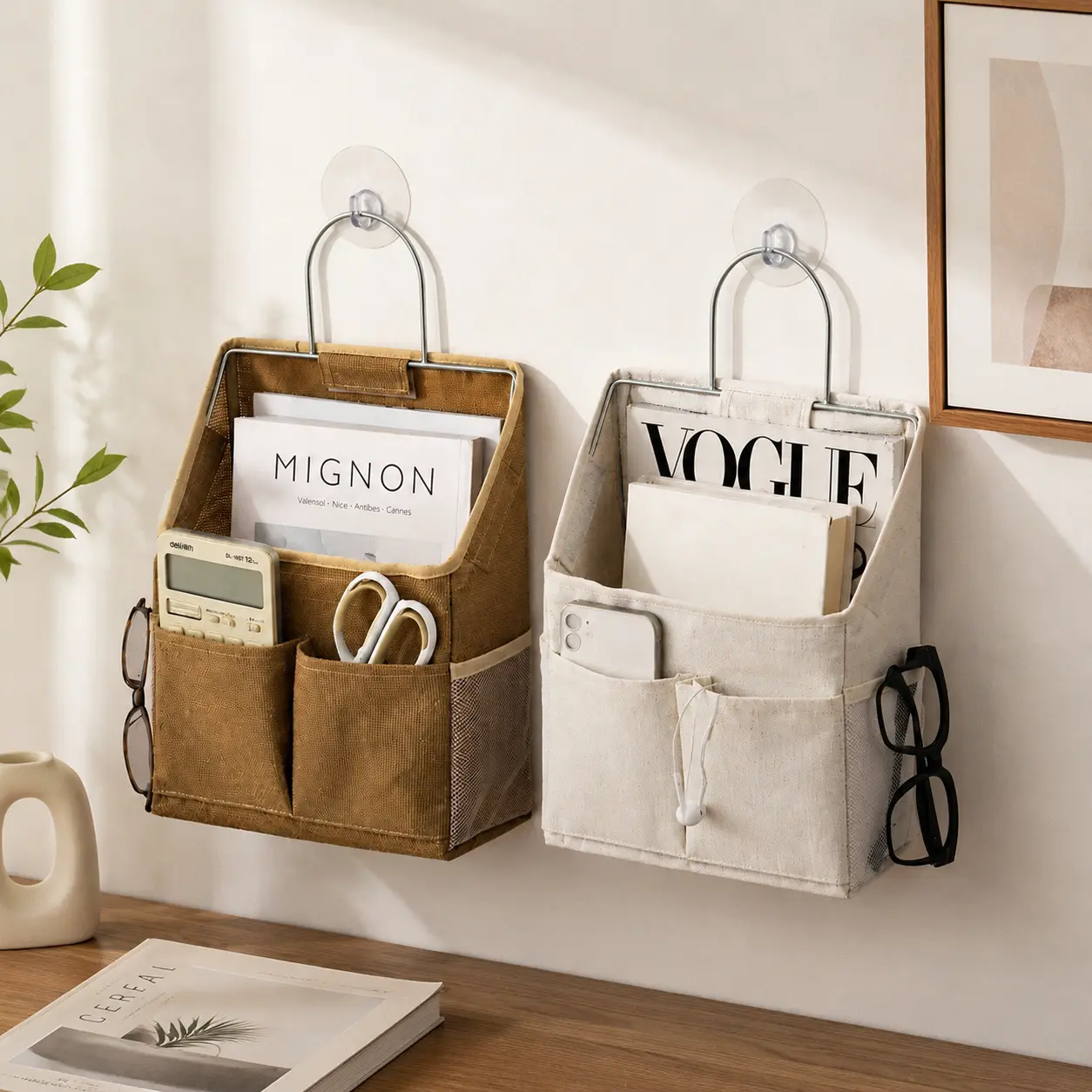 Wall Hanging Organizer, Multi-Pocket Hanging Storage Bag with Stainless Steel Frame, Wall Mount Storage Holder for Books, Magazines, Phone, Remote, Stationery, Glasses, Bedroom, Bathroom, Kitchen, Office, Dorm, Nursery and Home