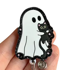 Glitter My Badge Halloween ghost cat badge reel for nurse and hospital workers. Badge clip Badge pull - Retractable swivel clip with a 360 rotation. Great gift for coworker. Labor and delivery badge reel. Encouraging