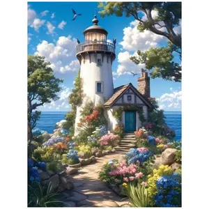Beautiful Coastal Lighthouse Surrounded By Flowers With Stone Path And Ocean View Art Painting Diamond Painting 5D DIY Diamond Painting Kit Full Drill Square Round Diamonds Embroidery Cross Stitch Art Craft Home Wall Decor Unique Decorative Painting Set