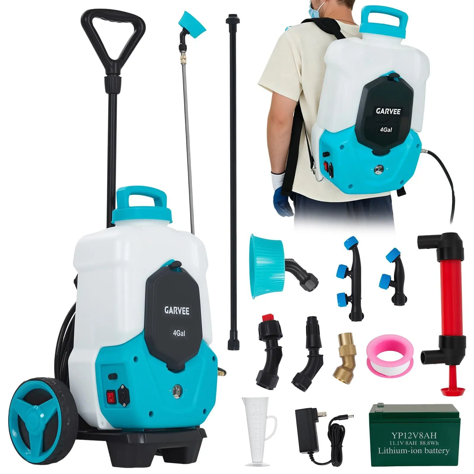 GAOMON 4 Gallons Battery Powered Backpack Sprayer with Wheeled Cart, 12V 8Ah Electric Sprayer with 6 Nozzles & 2 Wands, 4-6 Hour Runtime, 90PSI Adjustable Pressure, Trigger Lock, Yard Sprayers for Law