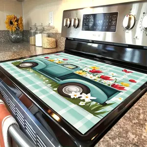 [Retro Stove Protector Mat] 1pc 2D Flat Retro Truck with Flowers Design Stove Protector Mat |   1pc Non-Slip Heat Resistant Cover, Scratch Proof for Electric Glass Stove, Multifunctional for Flat Top Oven, Dryer, Mouse Pad, Kitchen Decor