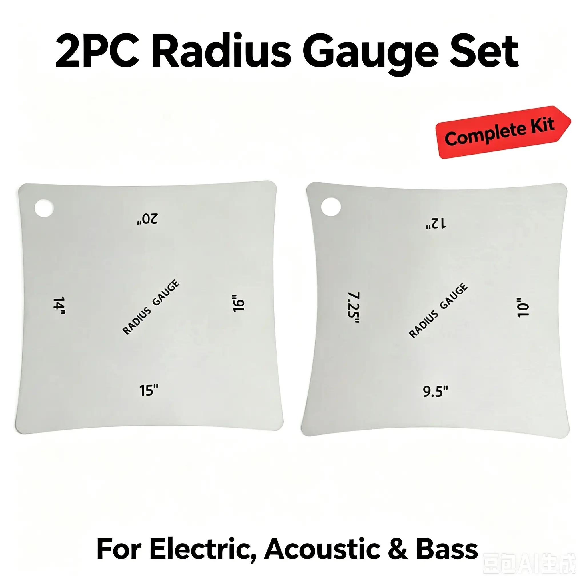 Metallor Guitar Finger Fretboard SaddleNut Multi-Radius Gauge Measuring Tool - 2PC Set for Electric Acoustic & Bass - Stainless Steel Silver - 7.25" to 20" Radii - Portable & Card-sized