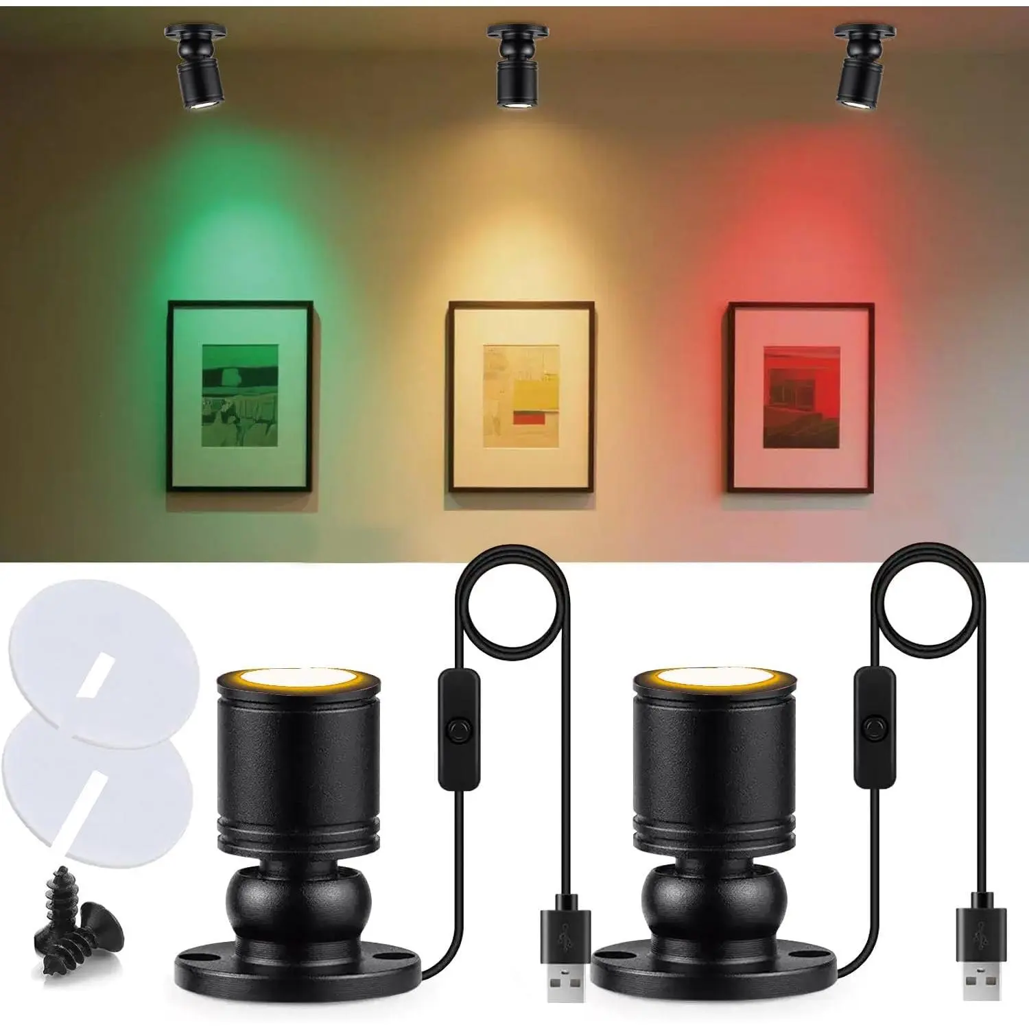 2-Pack Chunting USB-Powered Compact Mini LED Spotlights with USB Cable - 5V Low Voltage Modern Accent Lights, 7 Color & 2pack Warm Light Options, for Model Displays, Under-Cabinet Indoor Lighting