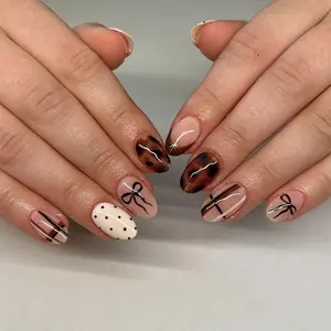 24pcs Short Oval Cute Bow Design Polka Dot Leopard Print Glossy Finish French Nail Art Set, Glossy Fake Nails, Perfect Acrylic False Nails, Stylish Acrylic Nails for Women and Girls