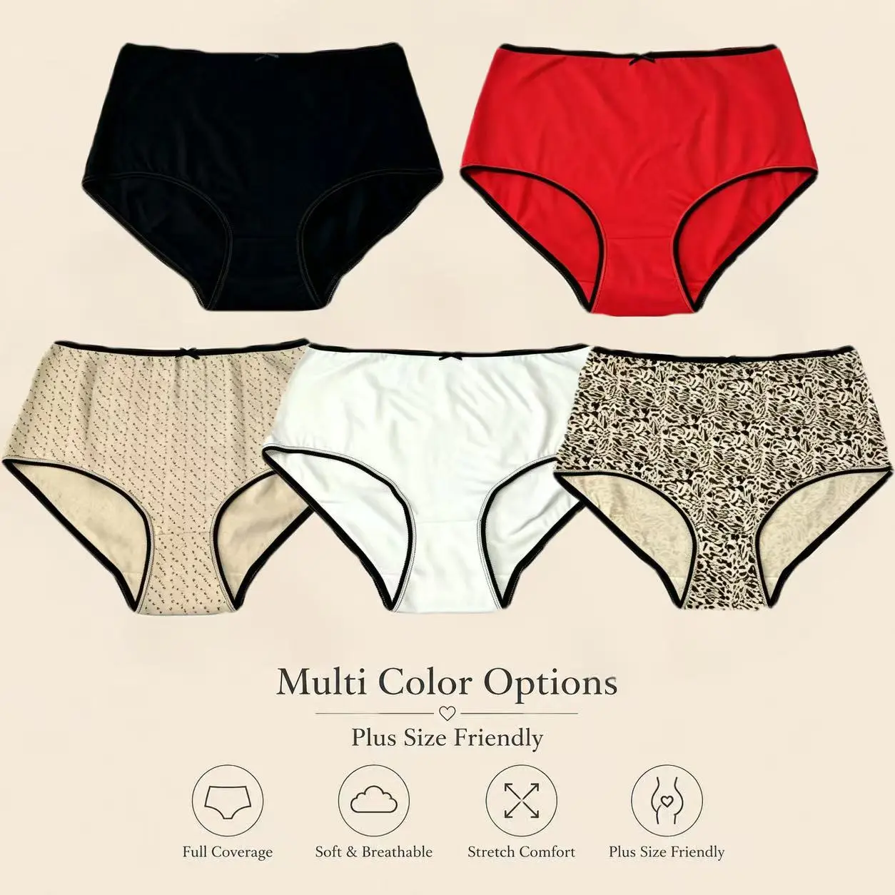 Women's Soft Comfortable High-Waist Elastane Panties - 5-Pack Full Coverage Briefs with Gentle Tummy Control, Shaping Effect, Stretch for Casual Everyday Wear, Plus Size Preppy Basics