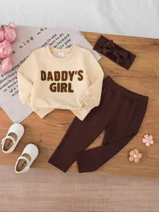 Baby Girl Casual Simple Dad Style Letter Embroidered Sweater and Tight Pants Set, Baby Girl Clothes, Perfect for Spring Summer Seasons