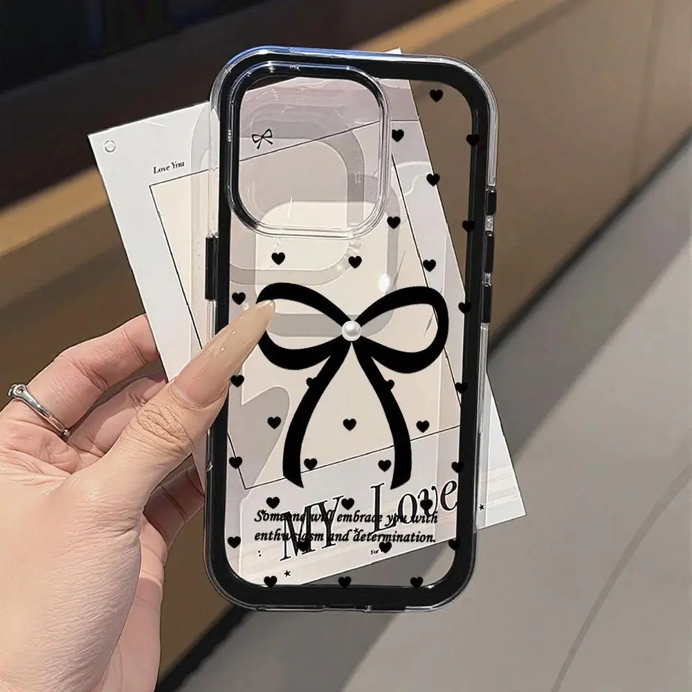 Cute Black Bowknot Smartphone Casing - 2-in-1 Shockproof Silicone Back Cover, Soft TPU Transparent Phone Accessories, Protection for iPhone 16/15/14/13/12, Holiday Gift for Loved Ones, summerwins