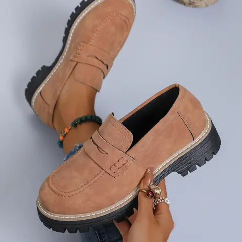 Women's Fashion Affordable Loafers, Thick Sole, Buckle Design, Slip-On Comfortable Walking Shoes for Spring & Fall, Casual Retro Style, All Seasons Footwear