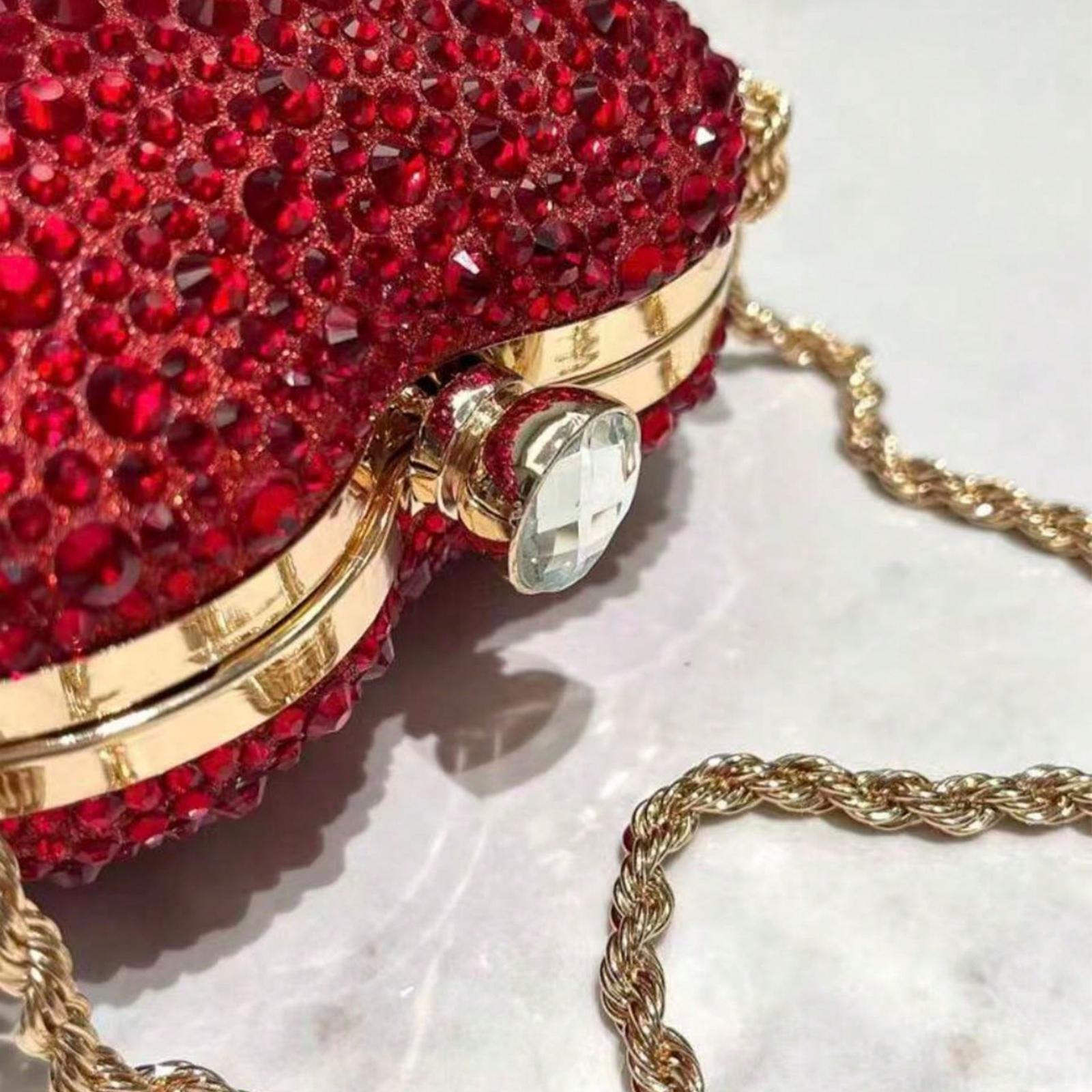 Glamorous Sparkling Red Rhinestone Heart Shaped Clutch Bag, Cute Mini Glitter Crossbodybag Asymmetrical Handbag, Suitable For Evening Party, Wedding, Banquet, Celebration Events, Great Gift For Women, Valentine's Day