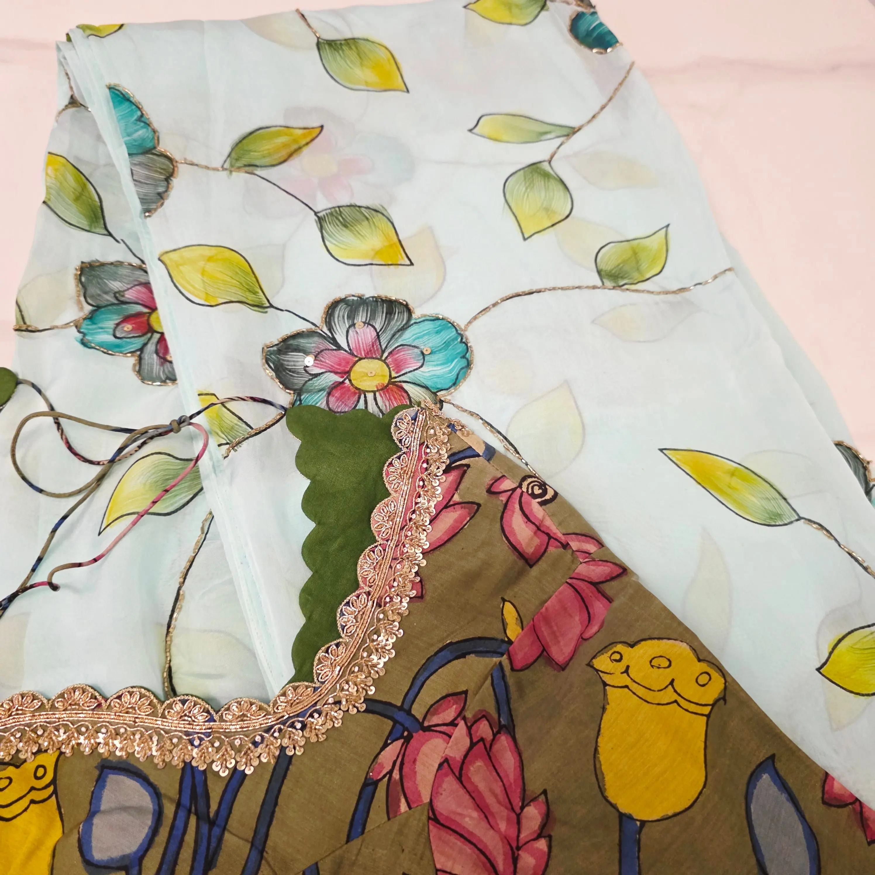 Reyavogue Women's Seagreen Handpainted Viscious organza saree with Kalamkari Maggam blouse