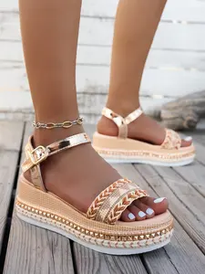 Women's Boho Style Wedge Sandals with Swarovski Crystals, Comfortable Slip-On Shoes for Casual Beach Vacations, Trendy Ladies' Footwear