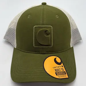 Carhartt Canvas Mens Logo Cap Olive/White Mesh Classic Workwear Style Durable Structured Canvas Embossed Logo Patch Breathable Mesh Back Adjustable Snapback Closure
