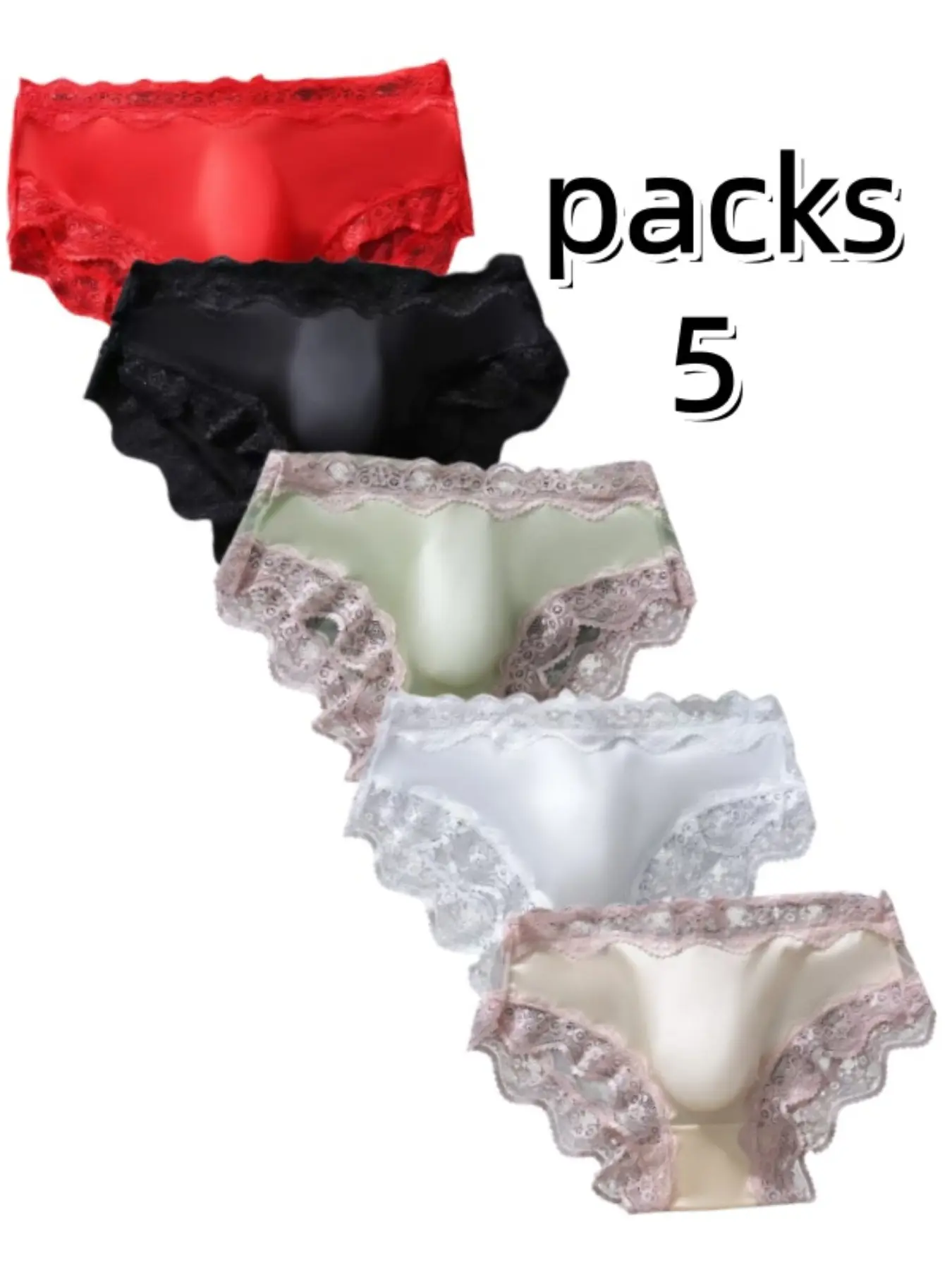 5-Pack Men's Lace Trim Underwear, Mid-Waist Seamless Smooth Breathable Undergarments Set, Casual Slim-Fit Plain Solid Pattern, All-Seasons Comfort