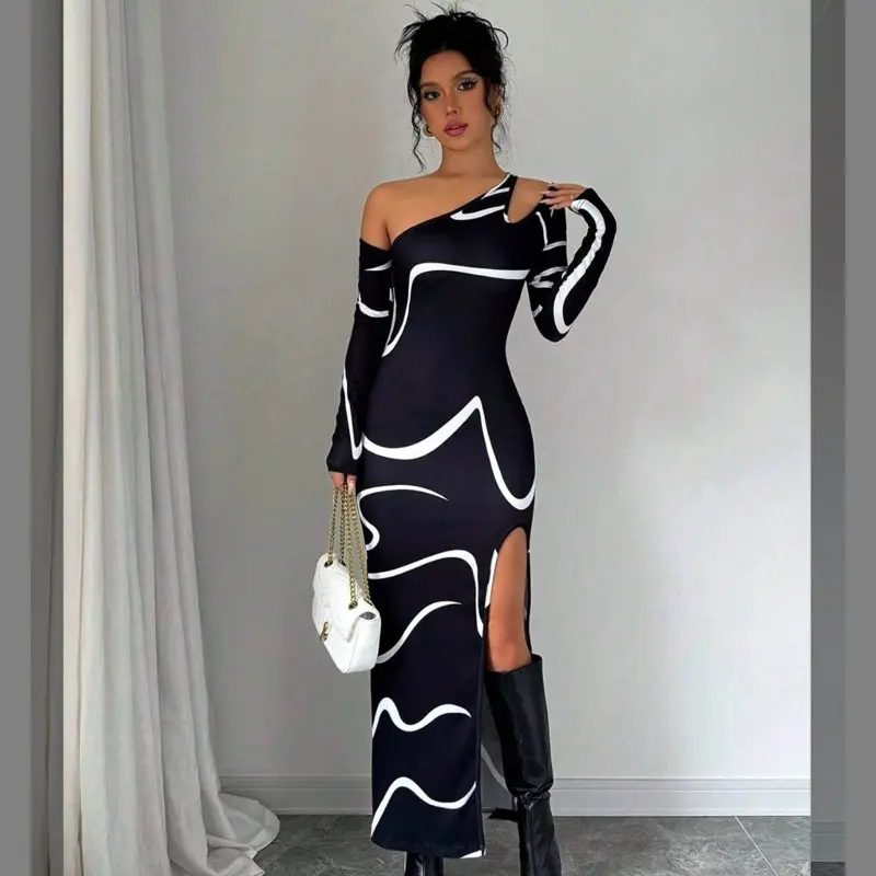 Privé Women’s Off Shoulder Fitted Elegant Abstract Graffiti Print Asymmetric Long Sleeve Split Hem Dress