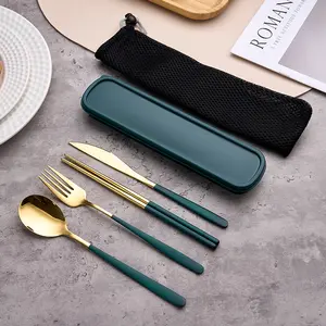 304 stainless steel color-coated portable box + mesh bag utensil set: Korean-style knife, fork, spoon, chopsticks set for students, office workers, and outdoor enthusiasts.Four-piece set.