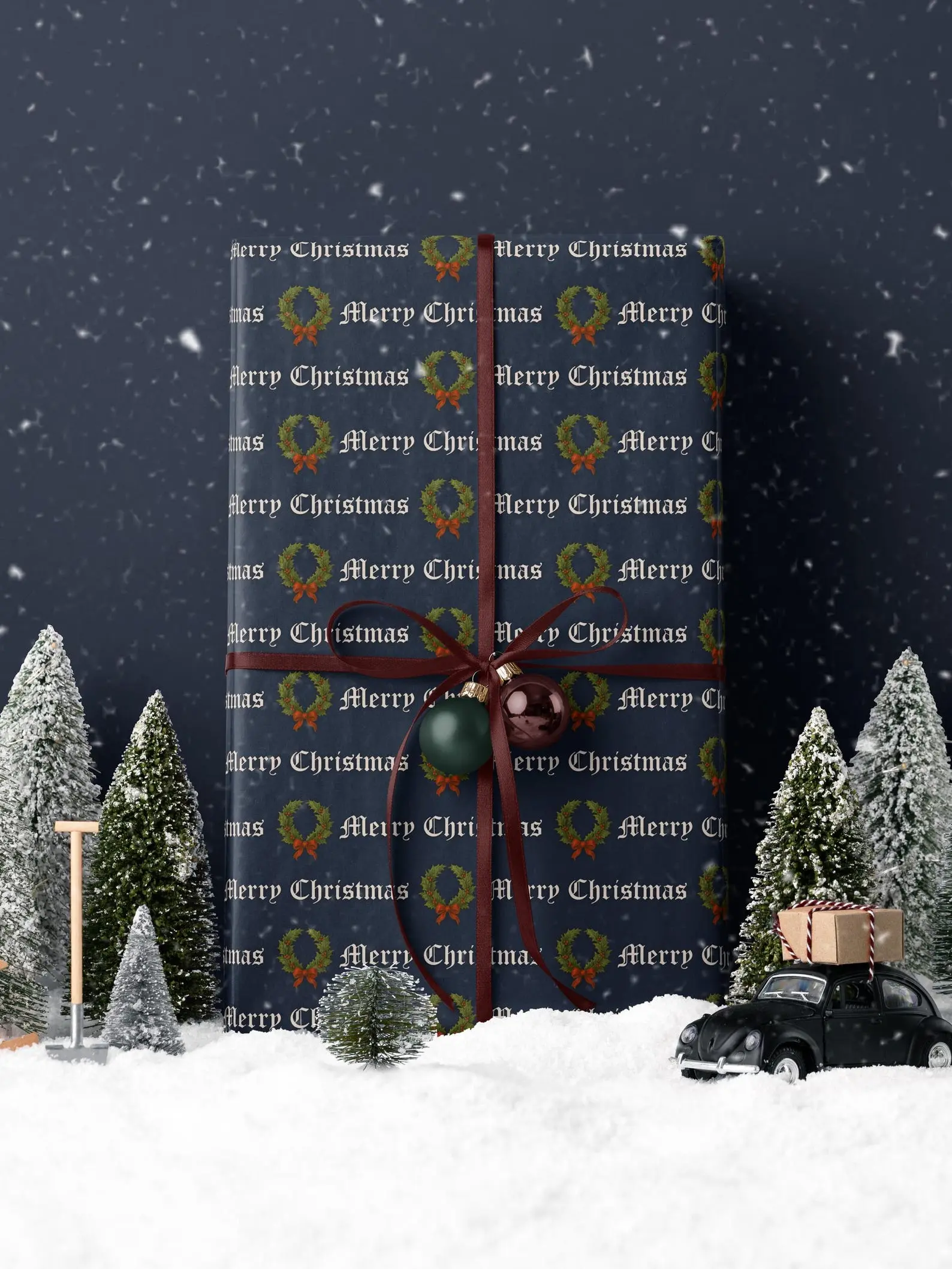 Retro Typography Merry Christmas Wrapping Paper Christmas, Decorative Wreath Gift Wrap, Elegant Holiday Gift Wrap Wrapping Paper