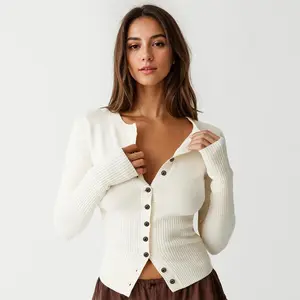 Women's Versatile Knit Button-Up Long Sleeve Slim Cardigan, Minimalist Solid Color Crew Neck Knitwear for Spring & Fall, Comfortable Womenswear