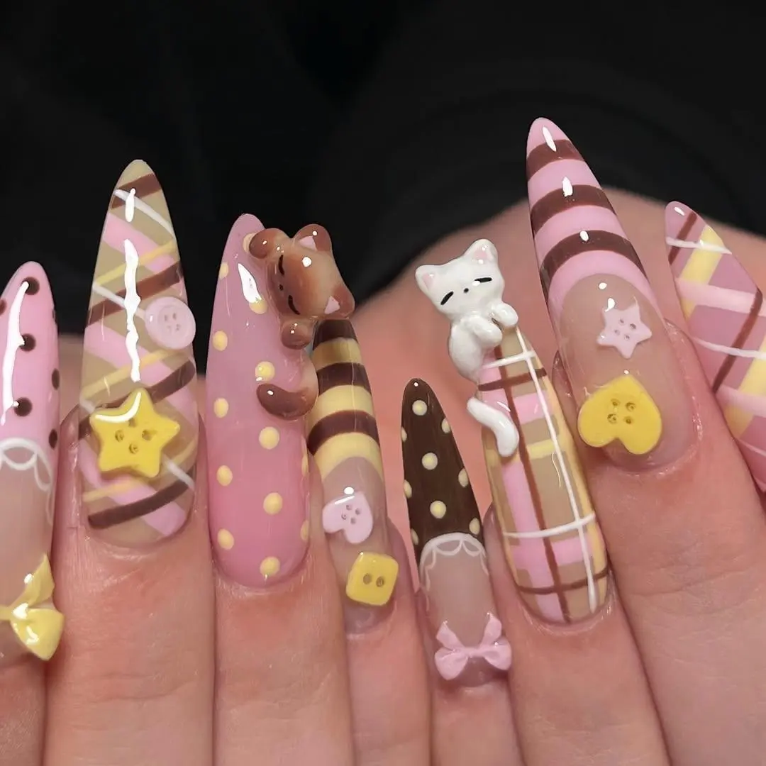 Mismatched 3D Kawaii Bear, Cat Press on Nails with Pastel Button & Bow | Fake Nails in Long Stiletto | Sweet Lolita Plaid Art