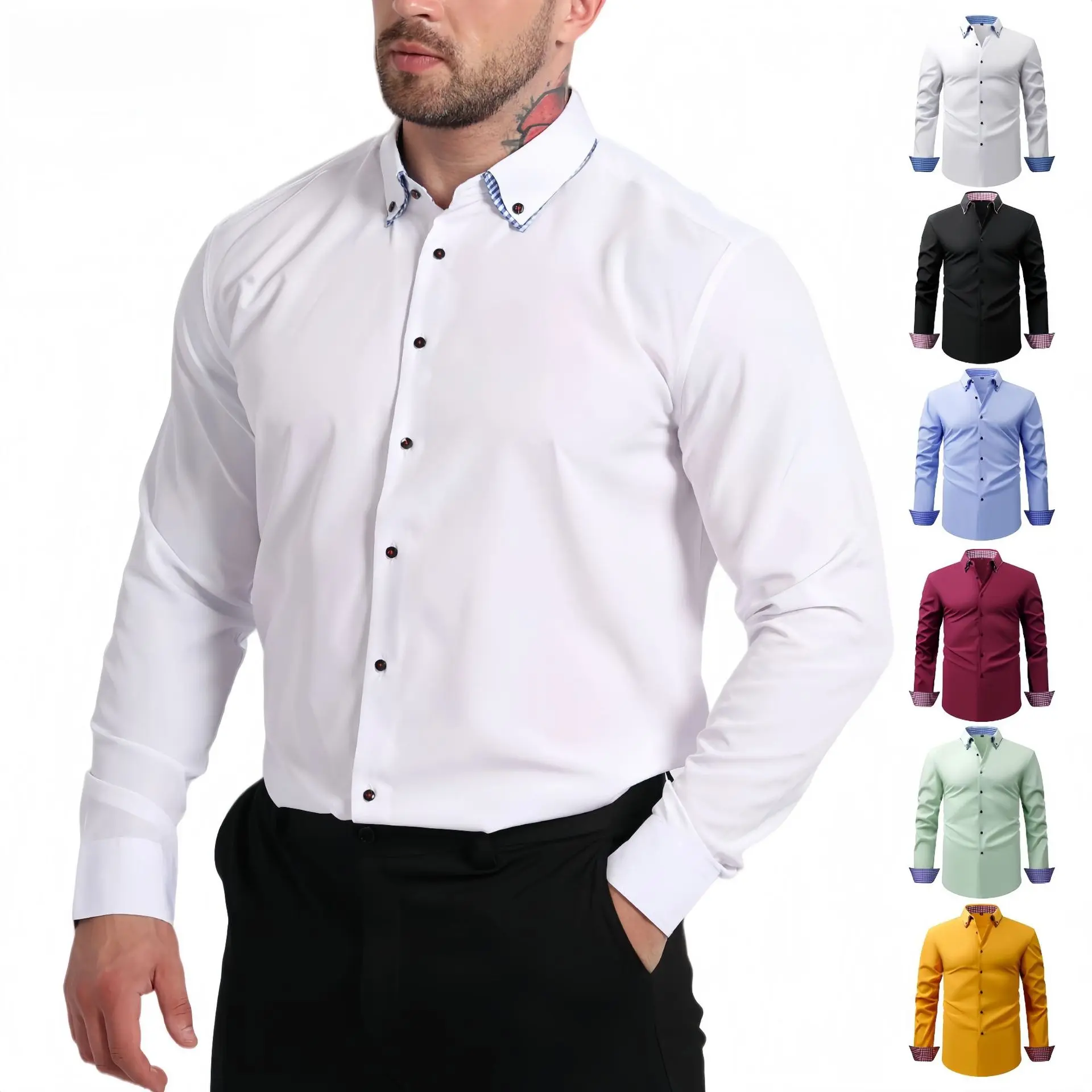 Men’s Color Block Double Collar Long-Sleeve 4-Way Stretch Wrinkle-Resistant Business Casual Button-Down Shirt - European Sizes S-3XL (Work, Office Use) Classic Menswear Top Basic Dress Fabric Fitted Formal Golden Outfit