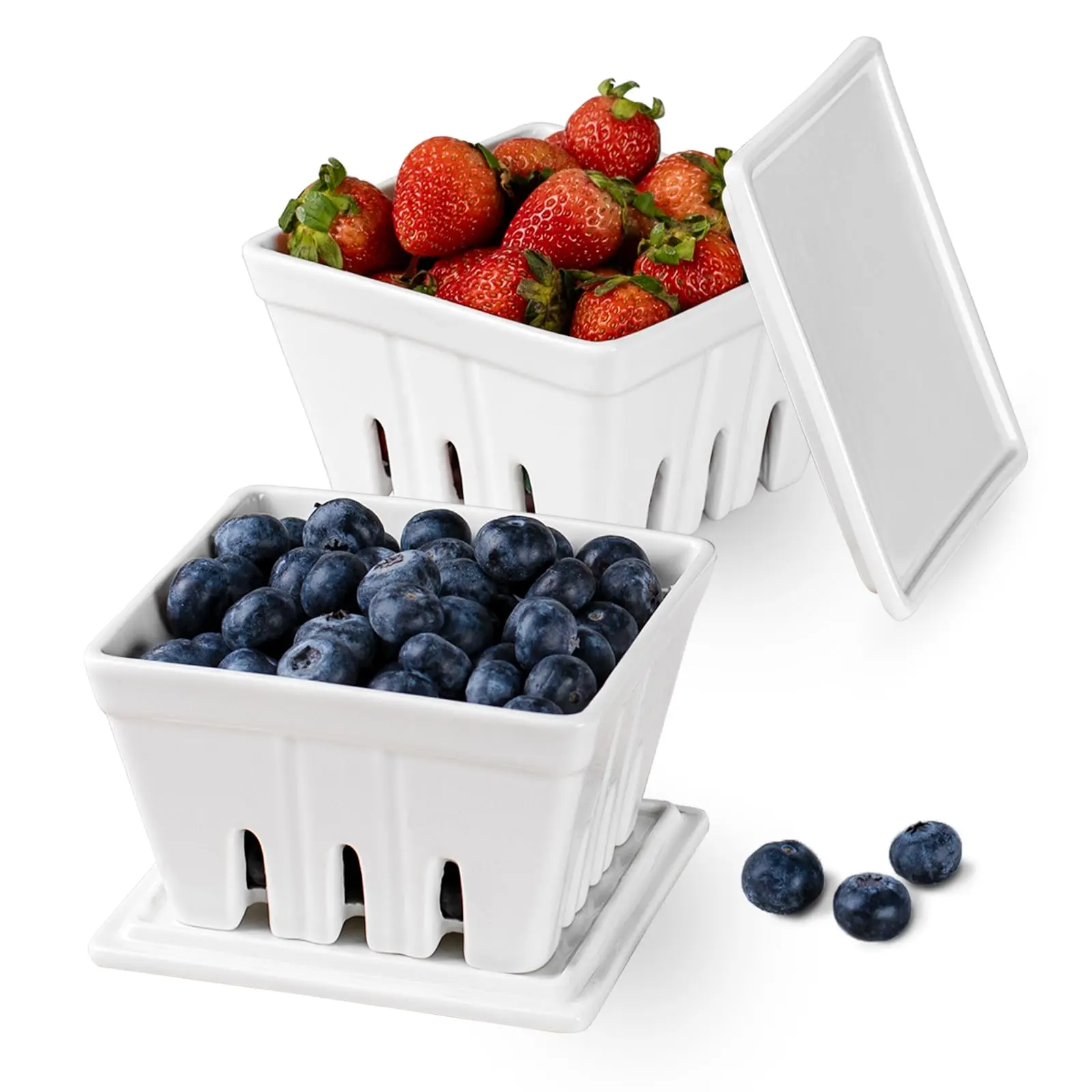 Ceramic Berry Basket With Lids  Fruit Bowl/baskets Covers 5 Inch Colander For Kitchen Strawberry Grape Cherry Berries Stoneware Harvest Set Of 2 White
