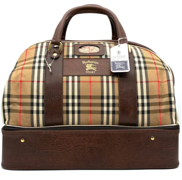 Pre-owned BURBERRY Canvas Top Handle Bags Vintage Check Dark Grain Leather Split Compartment Travel Boston Bag J8070233