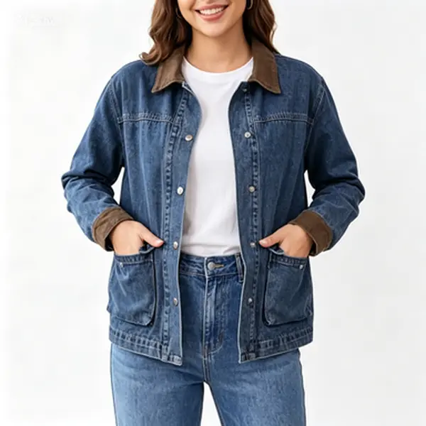 EMMIOL Women's Oversized Denim Trucker Jacket Long Sleeve Coat | Faux Leather Collar, Silver Buttons, Barn‑Jacket‑Inspired Silhouette, Barnfit Aesthetic, Y2K Vintage Vibe, Patch Pockets, Relaxed Fit, Casual Fall Outfits, Back To School
