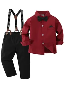 1-5T Toddler Boy Clothes Suit Gentleman Wedding Outfits Kids Cute Clothes Set Formal Dress Shirt Bowtie  Suspender Pants Casual Set