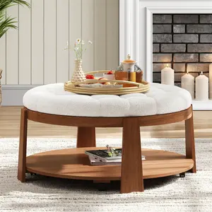 Modern Large Round Ottoman Coffee Table 2-Tier Oversized Button Tufted Ottoman with Wood Shelf Storage Upholstered Coffee Table for Living Room Footrest Ottoman with wheel, waterproof Linen