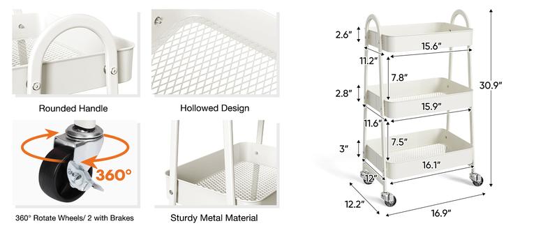3 Tier Metal Storage Utility Cart with Wheels - Kitchen Storage Trolley, Rolling Bathroom, Casters for Narrow Spaces, Ideal for Bedside Use