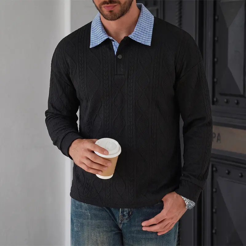 Men’s loose-fit polo sweatshirt for spring/autumn, ideal for holidays and commuting; casual top with plaid paneling, a turn-down collar, single decorative button, and textured fabric featuring three-dimensional twist detailing; pullover long sleeves for e